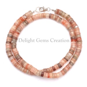 Peach Moonstone Beaded Necklace, Natural Moonstone Semi Precious Smooth Round Tyre Beads Necklace, Moonstone Jewelry, 18" inches Necklace