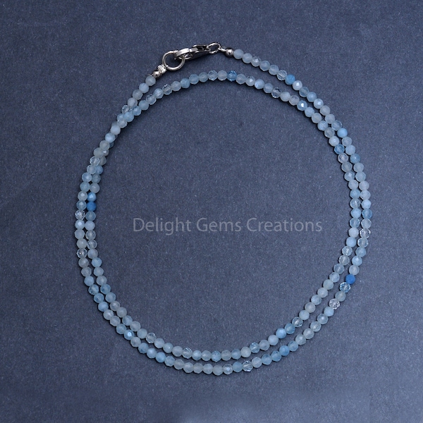 Milky Aquamarine Beaded Necklace, Faceted Round Aqua Beads