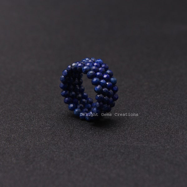 Natural lapis lazuli micro faceted beads ring-adjustable ring-3mm gemstone bead ring-AAA lapis lazuli unique jewelry-Unisex ring-Best Gift