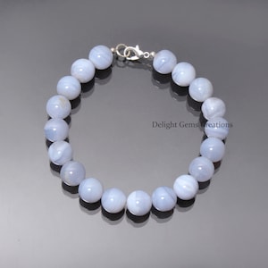 Blue Lace Agate Beaded Bracelet - 10mm Smooth Round Beads - Sterling Silver Clasp