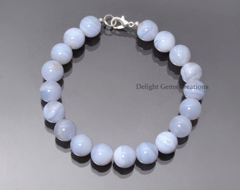 Blue Lace Agate Beaded Bracelet - 10mm Smooth Round Beads - Sterling Silver Clasp