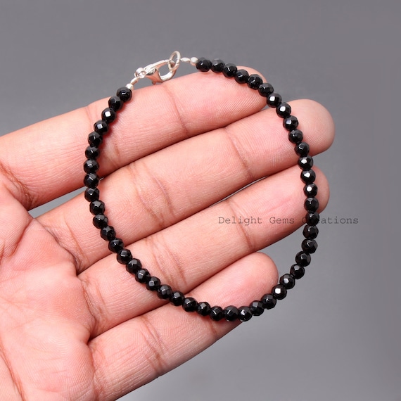 Bracciale con spinello nero sfaccettato, perline in argento sterling, stile tennis unisex - Italia