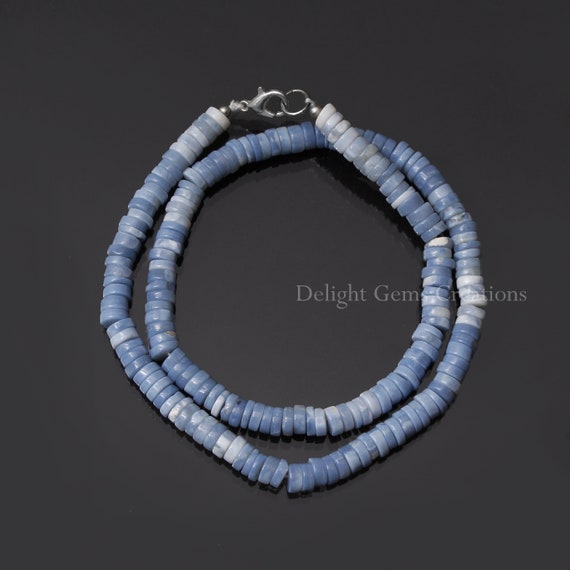 Blue Peruvian Opal Smooth Tyre Beads Necklace, 6mm Opal Gemstone Bead Necklace, 18 Inches Necklace, AAA++ Shaded Blue Opal Beaded Necklace,