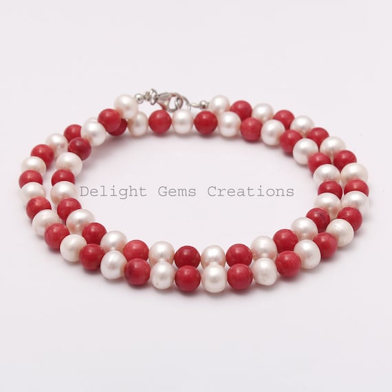 Red Coral Pearl Beaded Necklace, 18 Inch - Etsy
