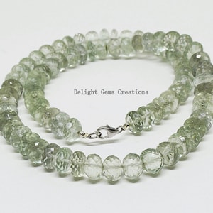 Natural Prasiolite Amethyst Beaded Necklace, 8-9 mm Green Prasiolite Faceted Rondelle Gemstone Beads Necklace, Full Strand Amethyst Necklace