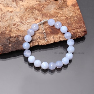 AAA Blue Lace Agate Beaded Bracelet - 10.5mm Smooth Round Gemstone - Handmade - Unisex - Custom Length