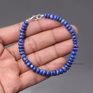 Authentic AAA blue lapis lazuli beaded bracelet-6.5mm-7mm smooth Rondell blue gemstone jewelry-925 lobster clasp-men bracelet-women bracelet image 4