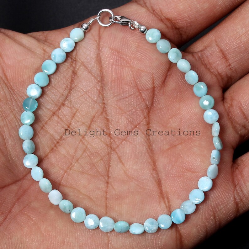 natural larimar bracelet beaded bracelet friendship bracelet dominican republic larimar smooth coin 5mm bead bracelet gemstone bracelet