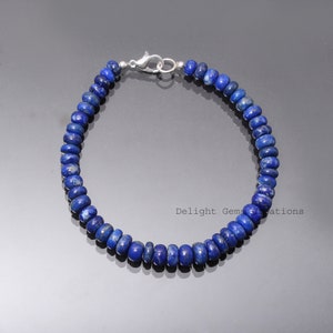 Authentic AAA blue lapis lazuli beaded bracelet-6.5mm-7mm smooth Rondell blue gemstone jewelry-925 lobster clasp-men bracelet-women bracelet image 1