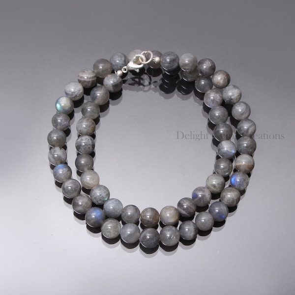 Collier de perles rondes en labradorite naturelle de 8 mm, collier de brins de 18 pouces de long, collier de perles de labradorite de qualité AA pour hommes et femmes