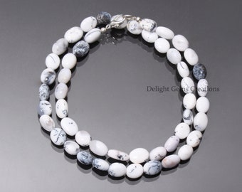 White Dendrite Opal Beaded Necklace - 6x9mm Smooth Oval Bead Jewelry, Opal Gemstone Jewelry for Women