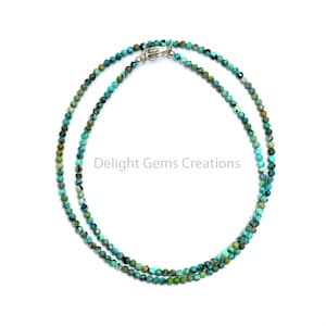 Genuine Turquoise Necklace, 2 mm Turquoise Micro Faceted Round Beads Necklace, Green-Blue Turquoise Beaded Necklace, Minimalist Necklace