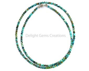 Genuine Turquoise Necklace, 2 mm Turquoise Micro Faceted Round Beads Necklace, Green-Blue Turquoise Beaded Necklace, Minimalist Necklace