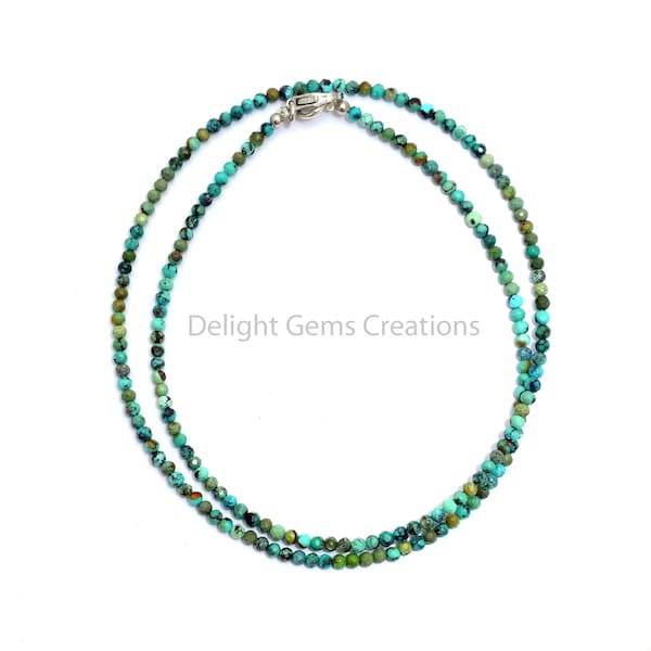 Collier Turquoise Véritable, Collier Perles Rondes Micro Facettes Turquoise 2 mm, Collier Perles Turquoise Vert-Bleu, Collier Minimaliste