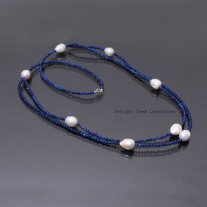 Genuine lapis lazuli with pearl beaded necklace-3.5mm/15x12 mm smooth round gemstone necklace-Multi beads long woman necklace-Gift For Her