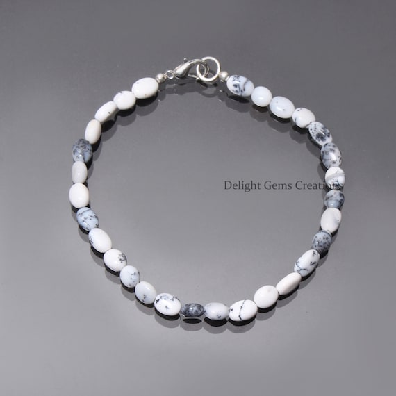 Dendrite Opal Smooth Oval Bead Bracelet 7x5mm White Dendrite Opal