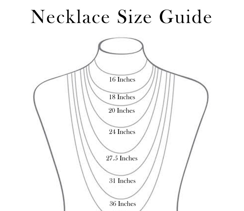 May include: A necklace size guide with a diagram showing different lengths from 16 inches to 36 inches.