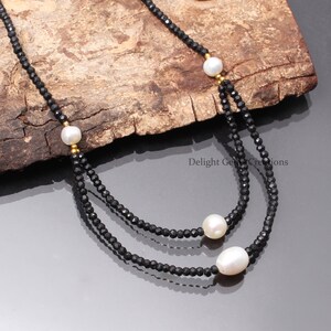 Black Spinel Beaded Necklace, 3-3.5mm Spinel Faceted Rondelle Beads Layering Necklace, Spinel Jewelry, Black Spinel- Pearl Necklace Jewelry