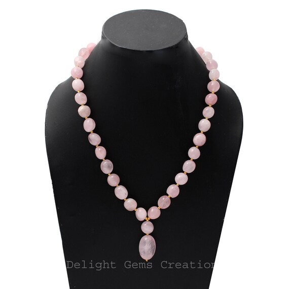 Collier Cinq Rangs Avec Quartz Rose, Perles Et Strass - État Neuf, Occasion