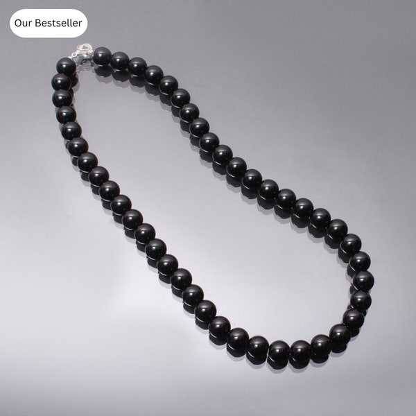 Schwarze Onyx Halskette, Perlenkette, 10mm Onyx Glatte runde Perlenhalskette, Onyx Schmuck, Halbedelstein, 18-Zoll-Halskette