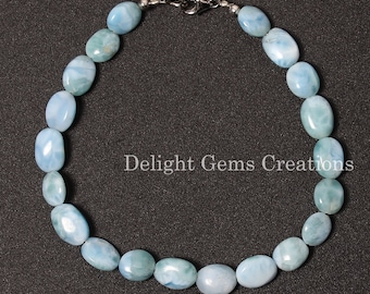 Dominican Larimar Smooth Oval Nuggets Bracelet, 9x7-11.75 mm Blue Larimar Smooth Tumble Bracelet, AAA Larimar Beaded Bracelet 6-9 Inches