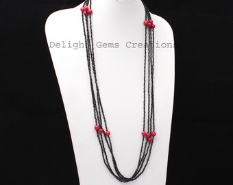 ブラックスピネルとレッドコーラルのビーズネックレス：100インチの