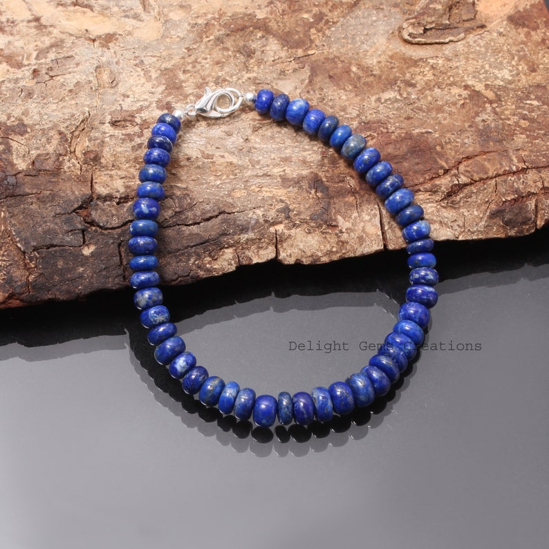 Authentic AAA blue lapis lazuli beaded bracelet-6.5mm-7mm smooth Rondell blue gemstone jewelry-925 lobster clasp-men bracelet-women bracelet image 6