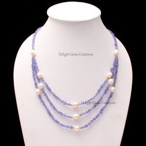 AAA Tanzanite Beaded Necklace, 5-6mm Tanzanite Chips and nuggets Beads Necklace With Pearl Beads, Tanzanite Jewelry, Multi Layering Necklace