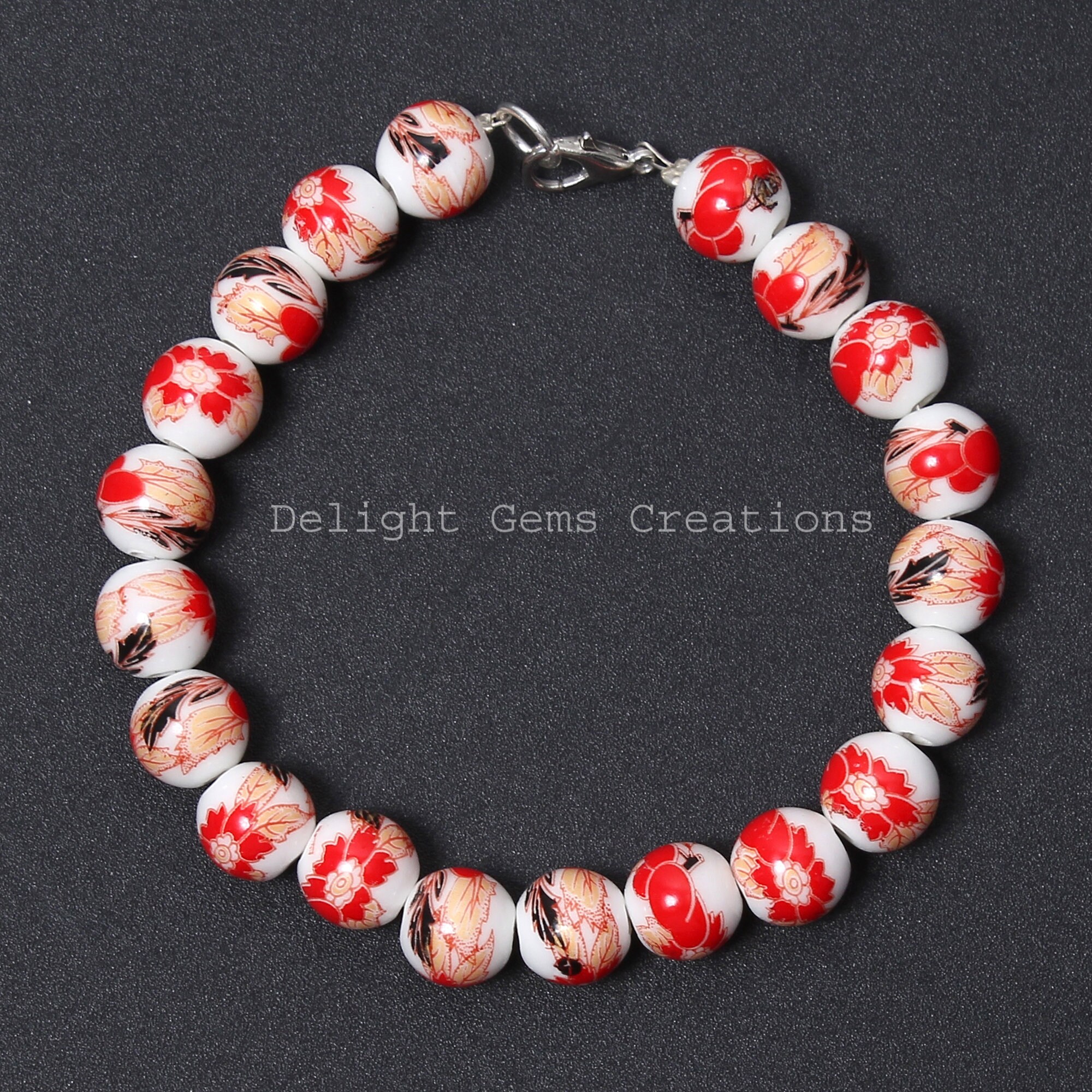 Bracelet en perle de céramique de fleur rouge, bracelet rond lisse en  céramique de 10 mm
