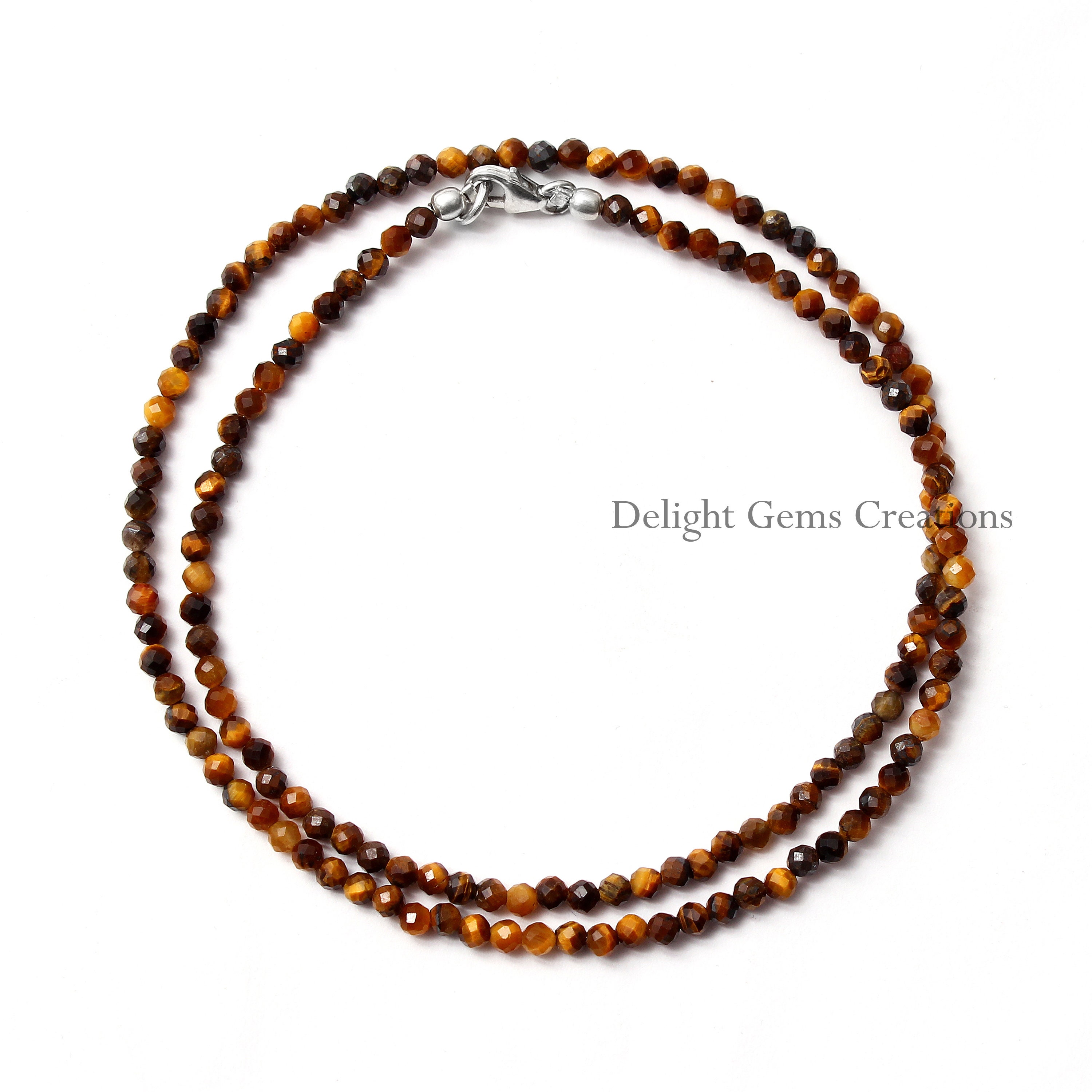 Collier élégant 20 Perles Rondes Micro Facettes AAA + œil De Tigre Naturel - Réglable Et Fait Main