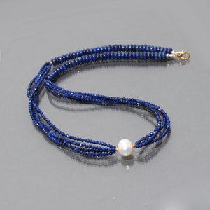 Lapis Lazuli With Pearl Beaded Necklace, Natural Lapis Lazuli Gemstone Beads Necklace 21"Inches,Handmade Lapis Lazuli Beaded Silver Necklace