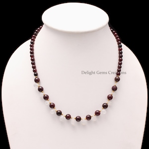 Natural Garnet And Rainbow Moonstone Beaded Necklace, Garnet Smooth Round Bead Necklace, Moonstone Drop Necklace, January Birthstone Jewelry