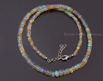 Genuine Welo Opal Beads Necklace, Ethiopian Opal Rondelle Necklace, 3.5-7mm Opal Smooth Rondelle Jewelry, Sterling Silver Clasp