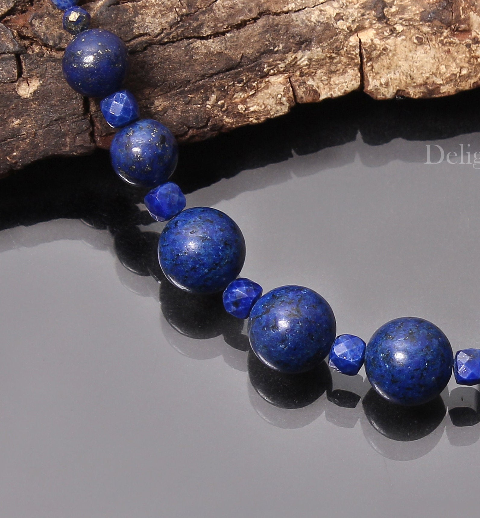 Lapislazuli Kette, Natürlicher Lapislazuli, Dunkelblau, Rund