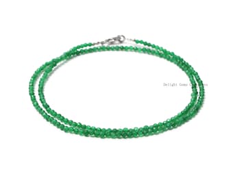 Green Jade Beaded Necklace, Micro Faceted Gemstone, 18 Inch