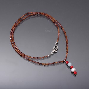 Hessonite And Malaya Garnet Beaded Necklace, Tassel Necklace, Faceted Rondelle Beads Necklace, Semi Precious Stone Beads Necklace, Gift Her
