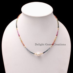 natural multi sapphire beaded necklace, 3.5-4mm multi color sapphire faceted rondelle bead necklace, September birthstone sparkling jewelry