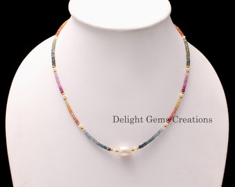 natural multi sapphire beaded necklace, 3.5-4mm multi color sapphire faceted rondelle bead necklace, September birthstone sparkling jewelry