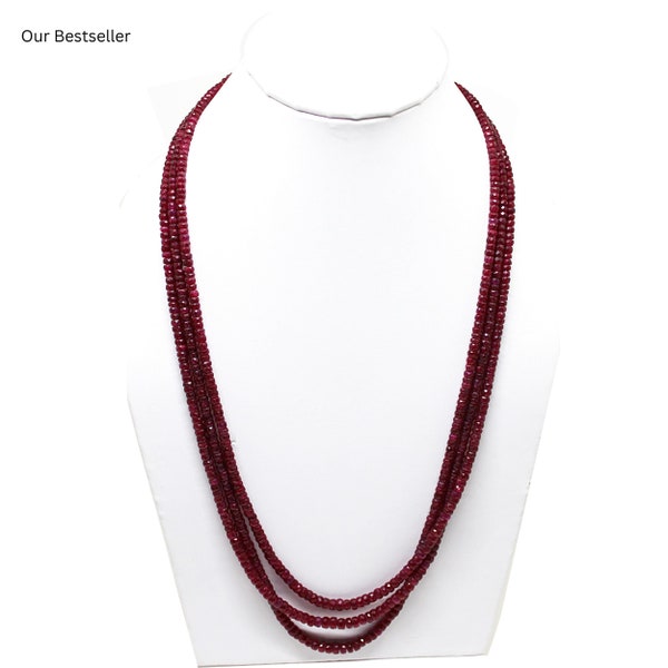 ON SALE ruby beaded necklace, ruby faceted 3.5mm to 5mm rondelle beads necklace, 18-21 inch long red ruby necklace with adjustable dori