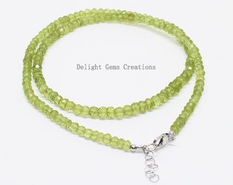 Natural Peridot Necklace, Sterling Silver, 4mm to 5mm Peridot Green Beaded Necklace, AA Peridot Faceted Roundel Beads Necklace, Gift For Her