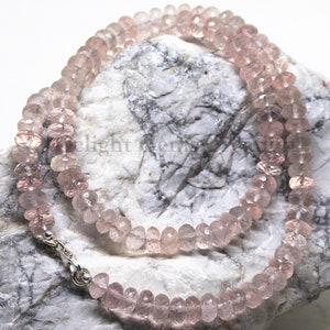 Rose Quartz Faceted Roundel Gemstone Beaded Necklace, 7mm-7.5mm Rose Quartz Beads Necklace, Love Stone- Bohemian Ruby Necklace, Gift For Her