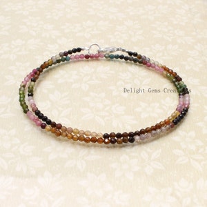 AAA++ Multi Tourmaline Necklace, 3mm Natural Watermelon Tourmaline Faceted Round Bead Necklace, Multi Color Tourmaline Necklace,Gift For Her