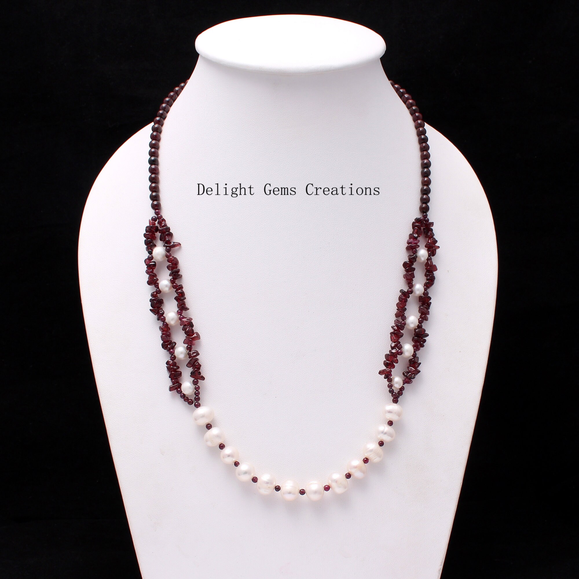 Garnet and Pearl Beaded Necklace Multi Shape Beads Designer Bead