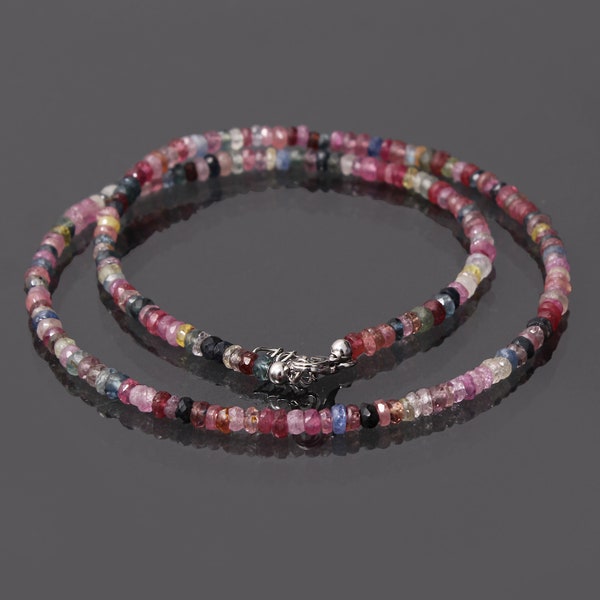 natural multi sapphire beaded necklace, 3.5-4mm multi color sapphire faceted rondelle bead necklace, september birthstone sparkling jewelry