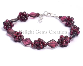 Handmade Garnet Beaded Bracelet, Fancy Shape Gemstone, January Birthstone