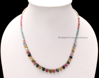 Multi Tourmaline Necklace, 3.5MM /5x6-9x7mm Natural Watermelon Tourmaline Smooth Round Bead Necklace, Semi Precious Gemstone Engagement Gift