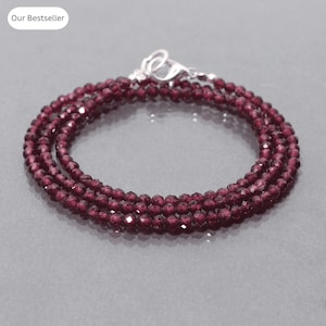 Natural Rhodolite Garnet Beaded Necklace. 3mm Rhodolite Garnet Micro Faceted Bead Necklace. Pretty Red Beads Women&#39; Necklace, Gift For Mom