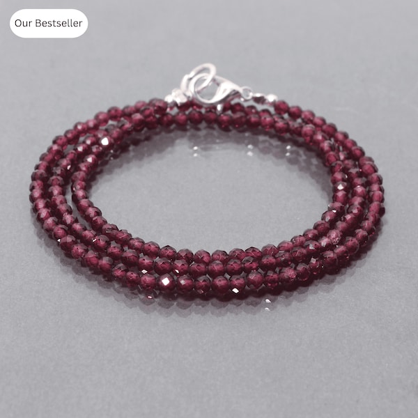 Natural Rhodolite Garnet Beaded Necklace. 3mm Rhodolite Garnet Micro Faceted Bead Necklace. Pretty Red Beads Women' Necklace, Gift For Mom