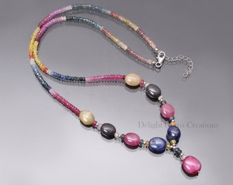 Natural Multi Sapphire Beaded Necklace, Sapphire Gemstone 925 Silver Necklace, Designer Necklace, September Birthstone Women Necklace