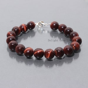 Pulsera de cuentas de ojo de tigre rojo, pulsera de cuentas redondas lisas de 10 mm de ojo de tigre rojo, pulsera de curación de cristal, pulsera de regalo de Navidad